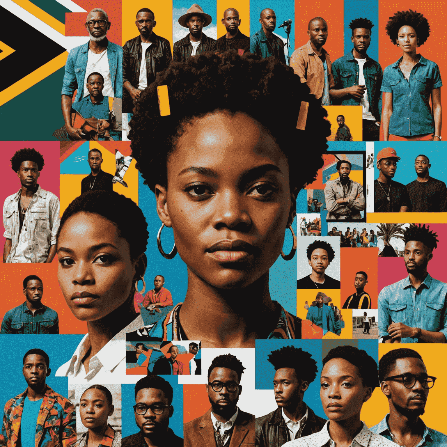 A vibrant collage showcasing various aspects of South African creative industries, including film, music, art, and digital media. The image reflects diversity and innovation.