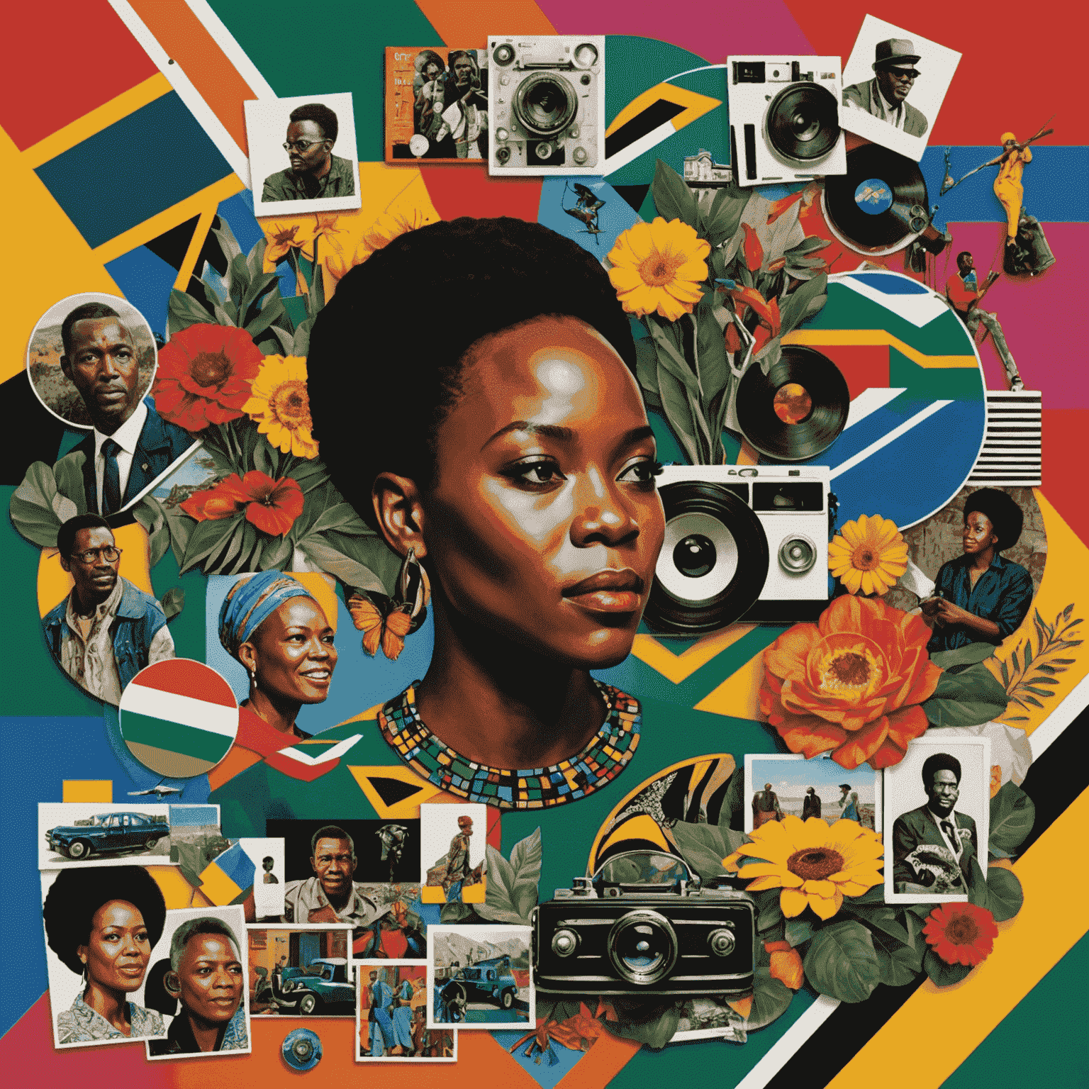 Vibrant collage showcasing various aspects of South Africa's creative industries including film, music, art, and design