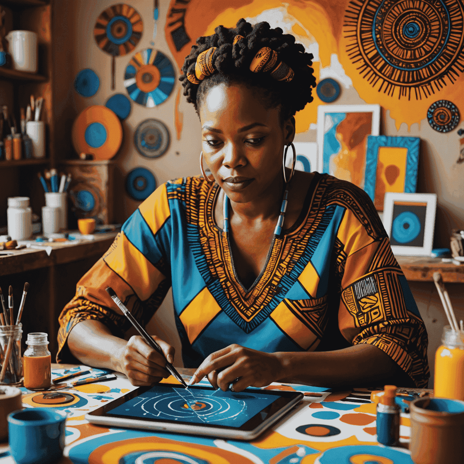 A South African artist using a digital tablet to create a vibrant, abstract artwork that combines traditional African motifs with modern digital elements. The artist is surrounded by both physical paint supplies and high-tech gadgets, symbolizing the fusion of old and new.