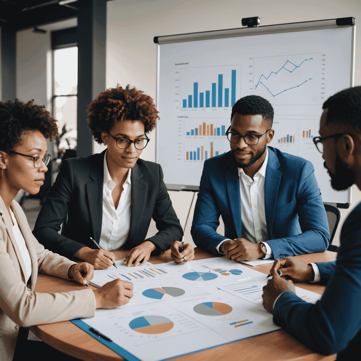 A group of diverse business professionals gathered around a table, analyzing charts and graphs. They are engaged in a strategic planning session, with a whiteboard in the background showing business models and growth projections.