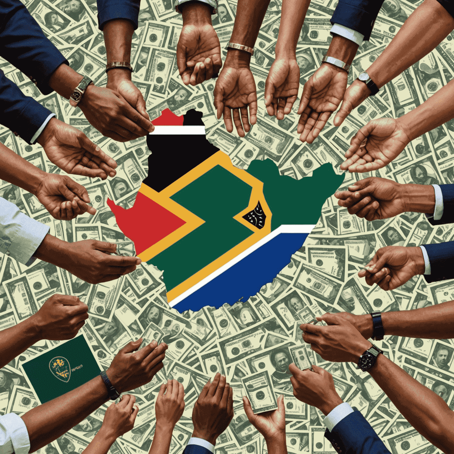 A collage showing various creative projects and startups in South Africa, with money symbols and handshakes representing funding and support