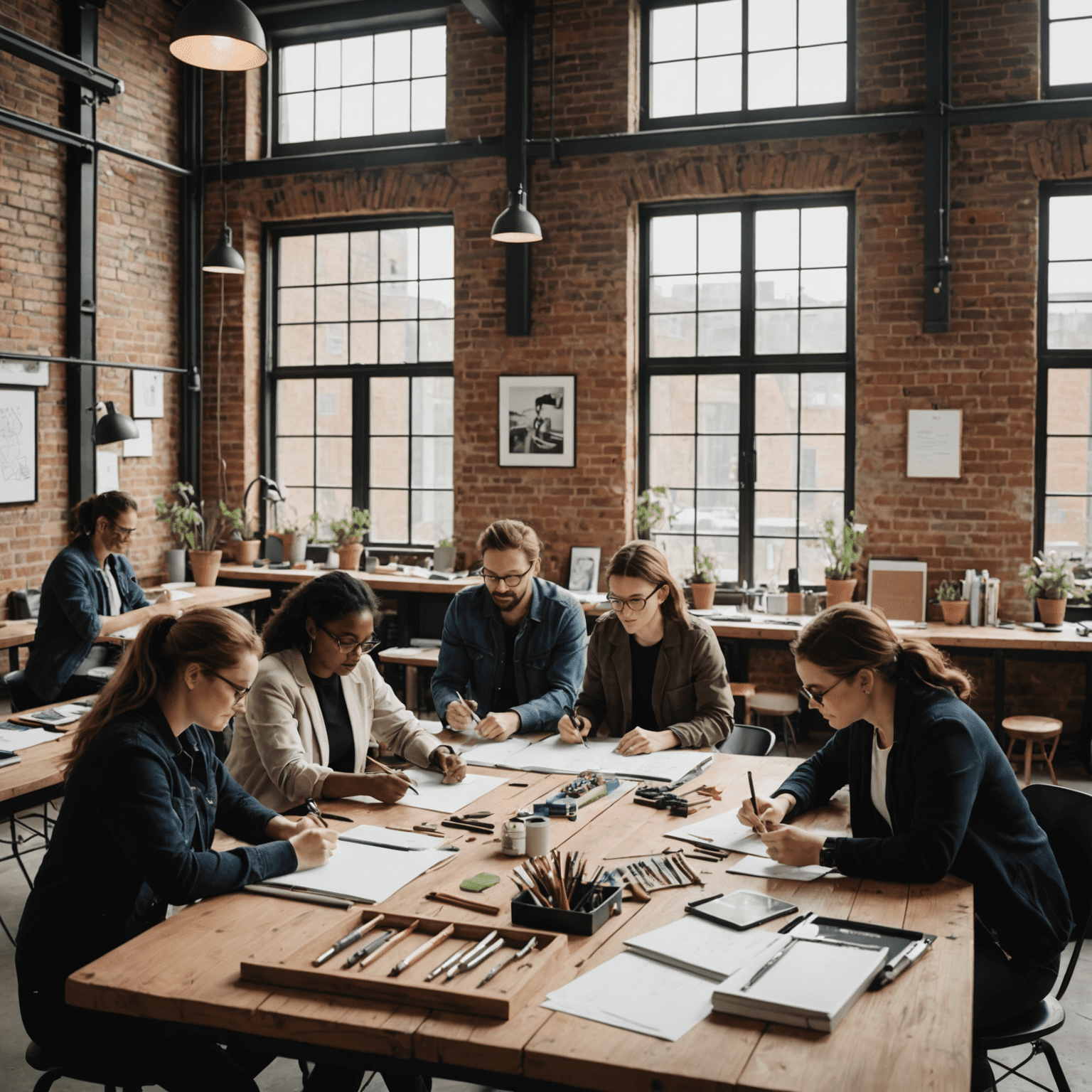 A group of diverse professionals engaged in a creative workshop, collaborating on a project with various tools and materials spread out on a large table. The room has a modern, industrial feel with exposed brick walls and large windows.