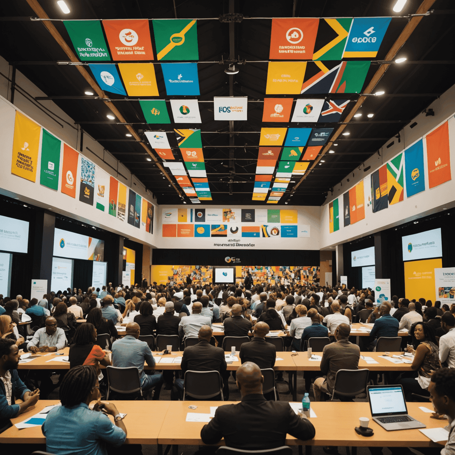 A large conference hall filled with creative professionals networking, exchanging business cards, and engaging in animated discussions. The room is decorated with vibrant banners showcasing various creative industries in South Africa.