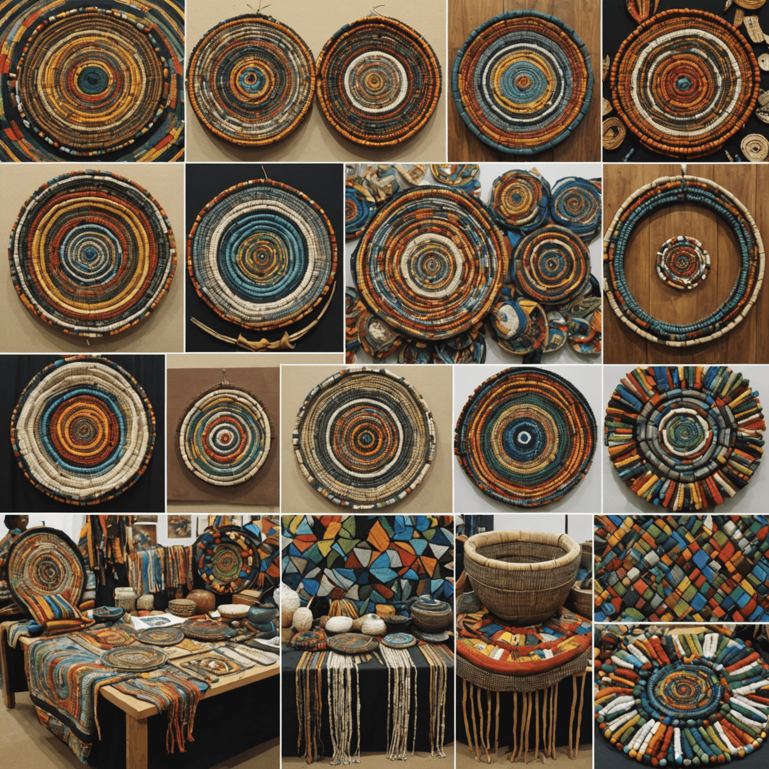 A collage showing various South African creative products like beadwork, paintings, and textiles being displayed in international markets and trade shows