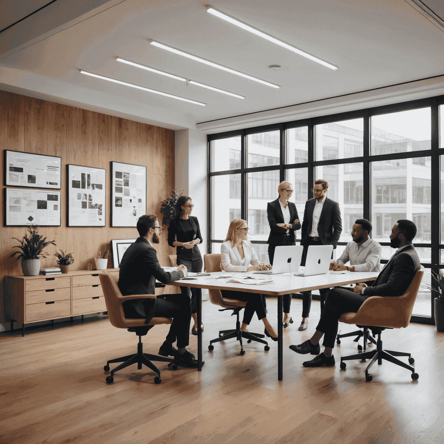 A diverse team of StabConPo consultants collaborating in a modern office space, symbolizing expertise and teamwork in the creative industries.