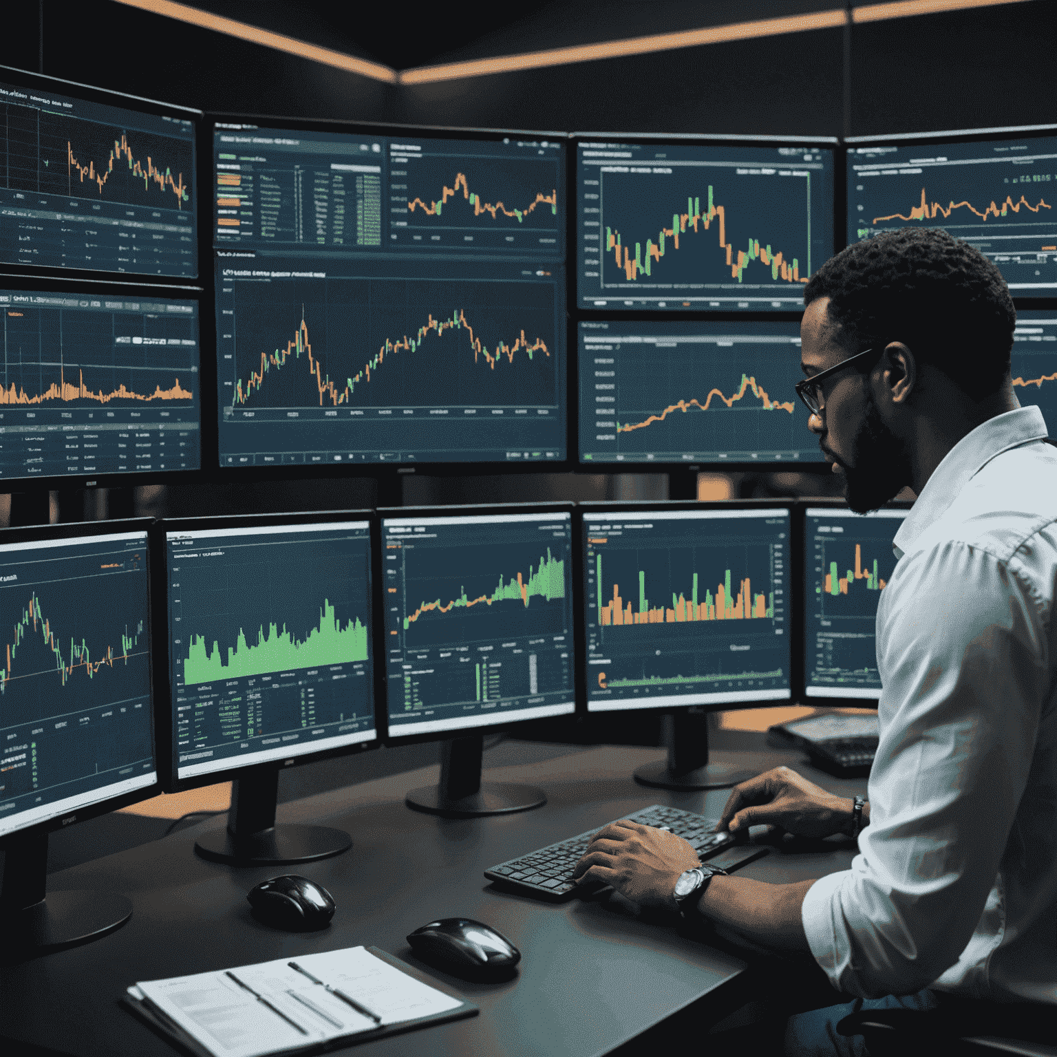 A professional analyst examining multiple screens displaying market trends, competitor data, and consumer behavior charts. The scene represents a deep dive into market analysis for creative industries in South Africa.