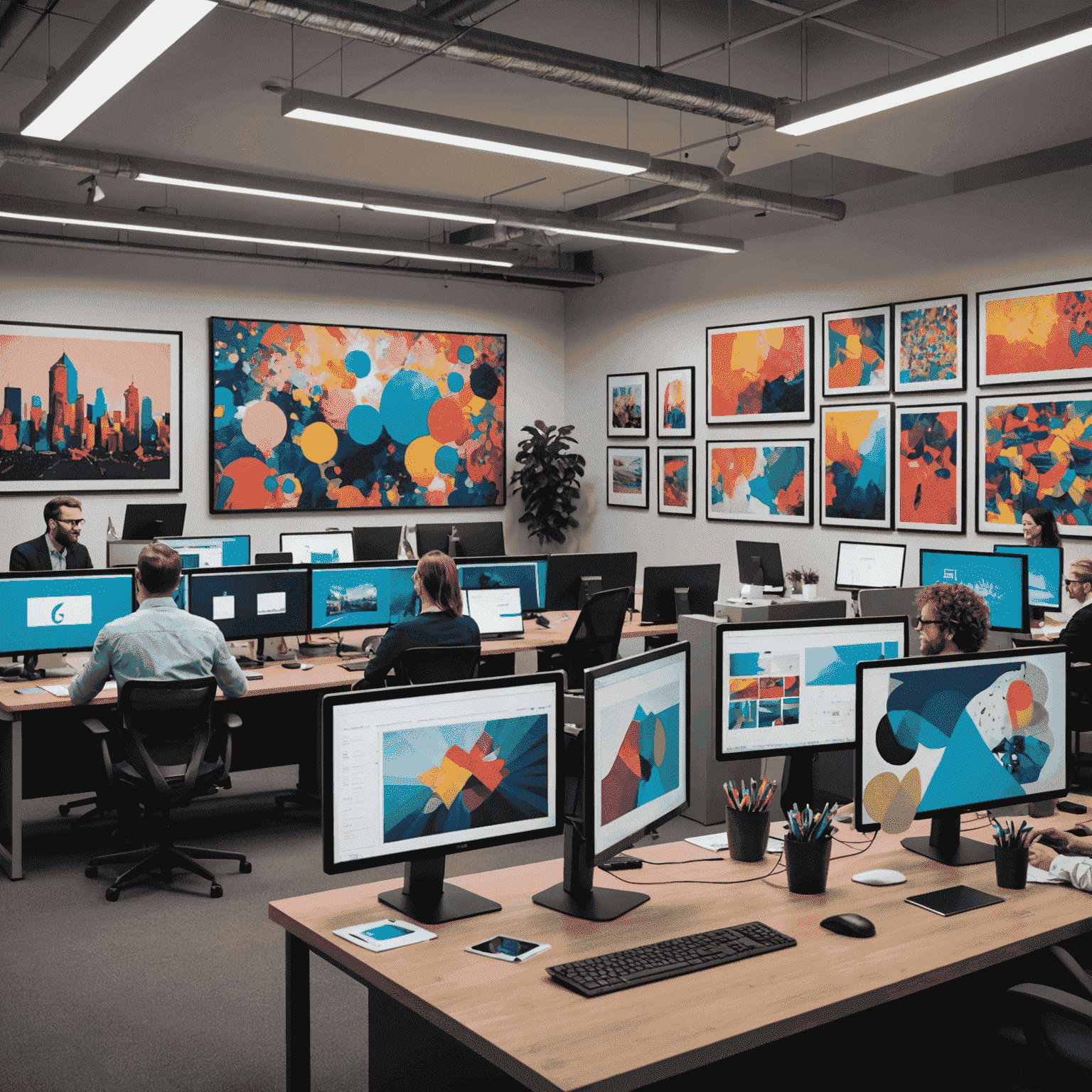 A modern office space with creative professionals working on computers, surrounded by colorful artwork. A consultant is pointing to a large screen displaying various IT solutions tailored for creative industries.