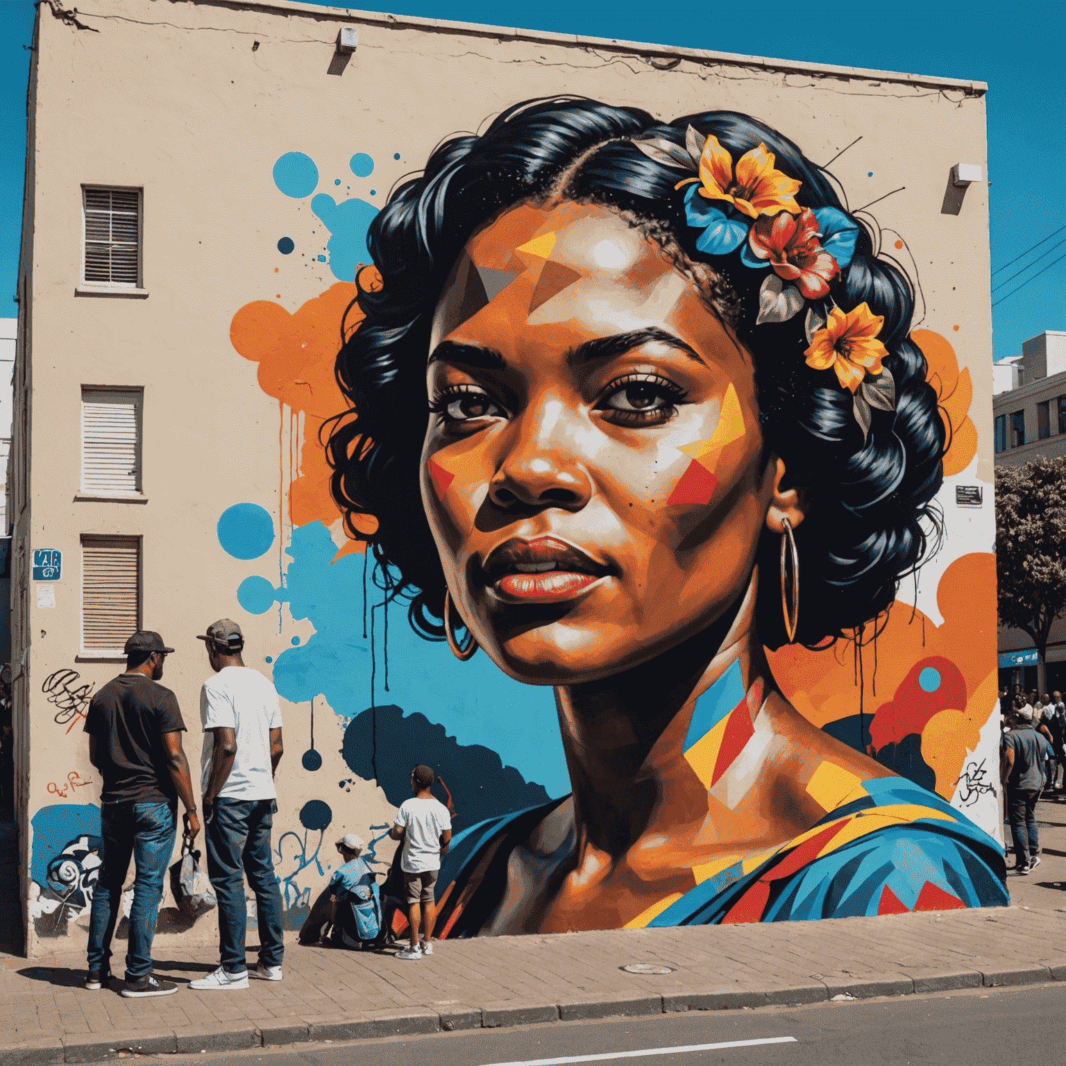 A bustling Cape Town street art festival showcasing colorful murals, with artists and spectators from diverse backgrounds interacting