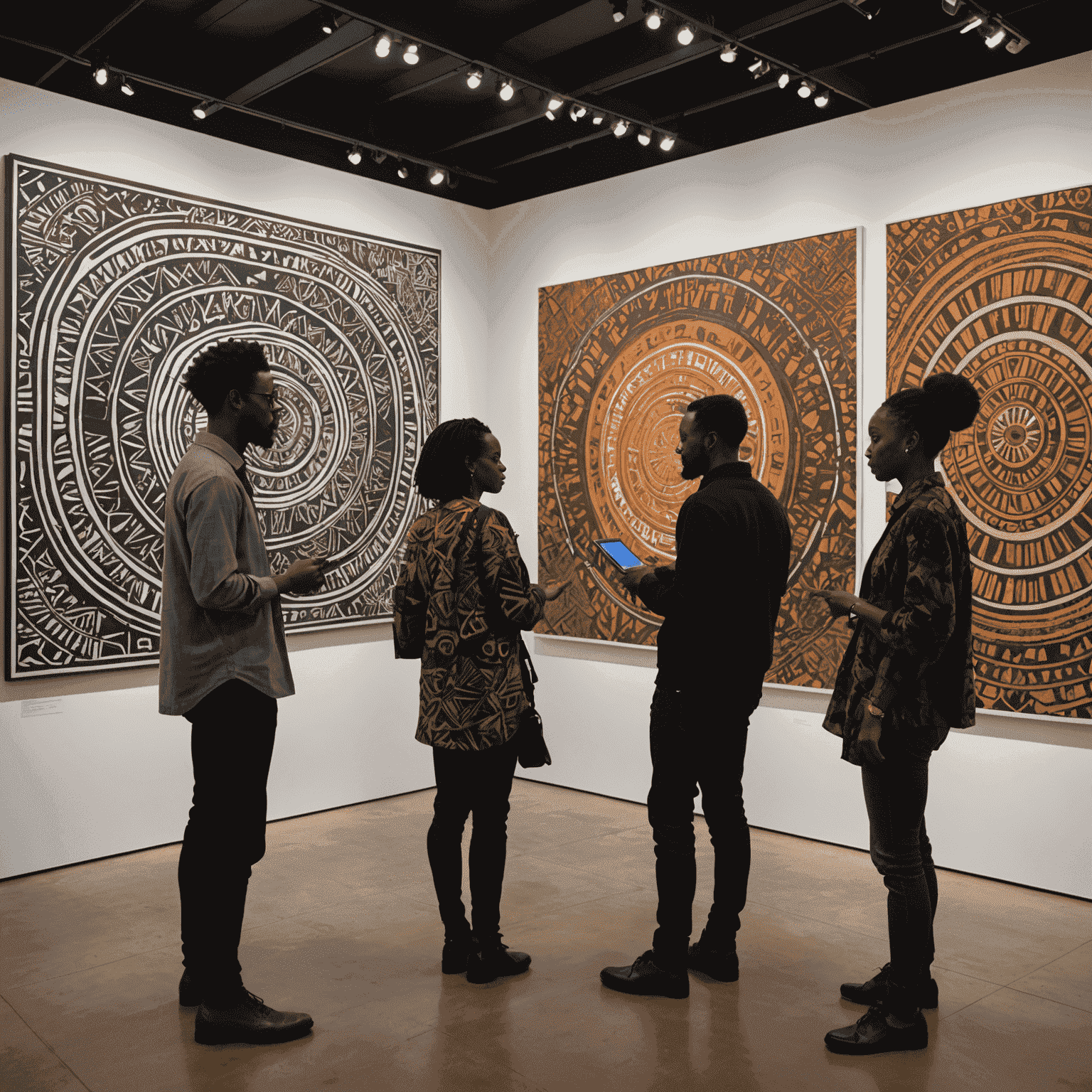 A gallery space showcasing large-scale prints of AI-generated artworks. The pieces feature a mesmerizing blend of traditional African patterns and abstract, algorithmic designs. Visitors are seen interacting with touchscreens that allow them to influence the AI's creative process in real-time.