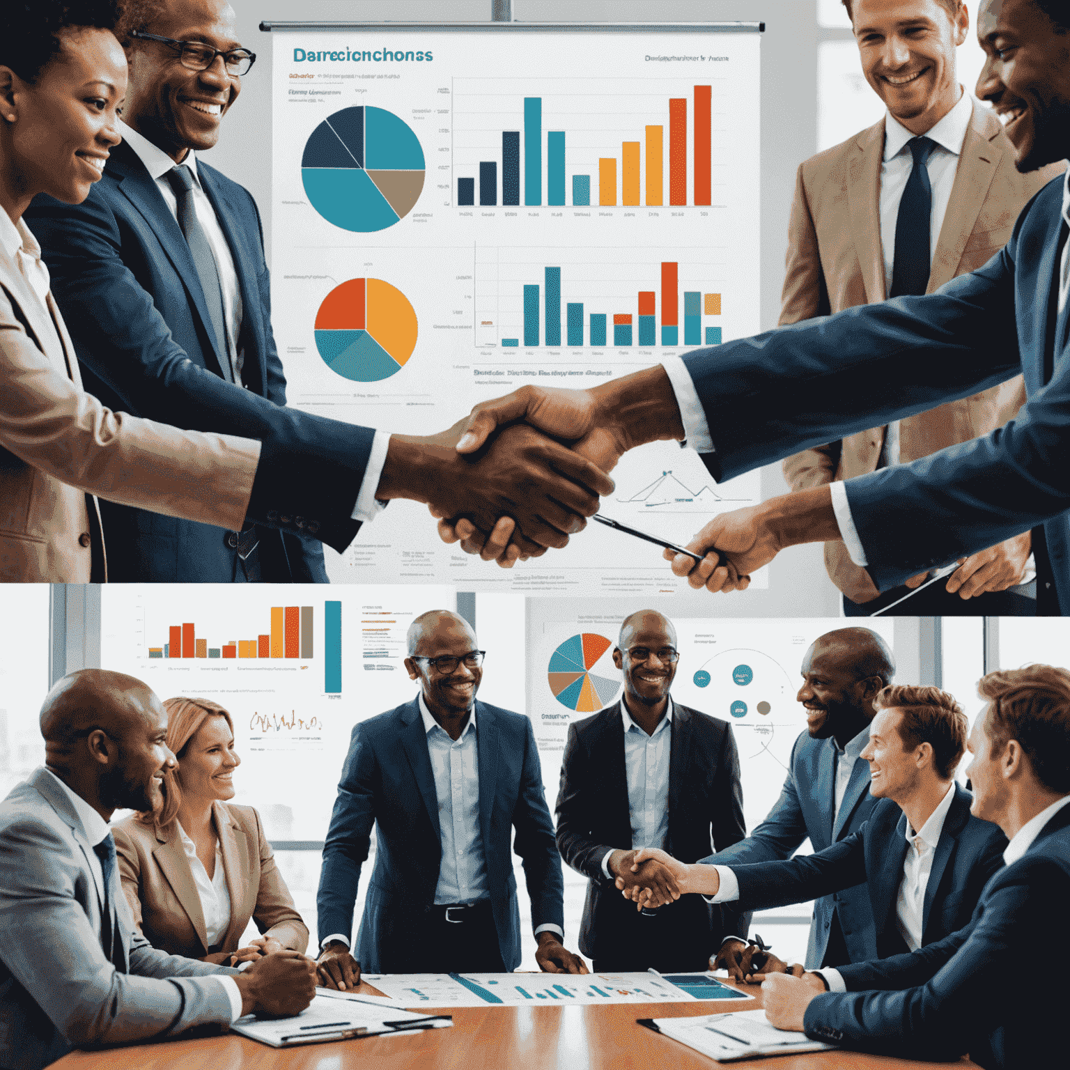 A montage of images showing networking events, handshakes, and business growth charts. This visual represents the multifaceted approach to business development in the creative industries of South Africa.