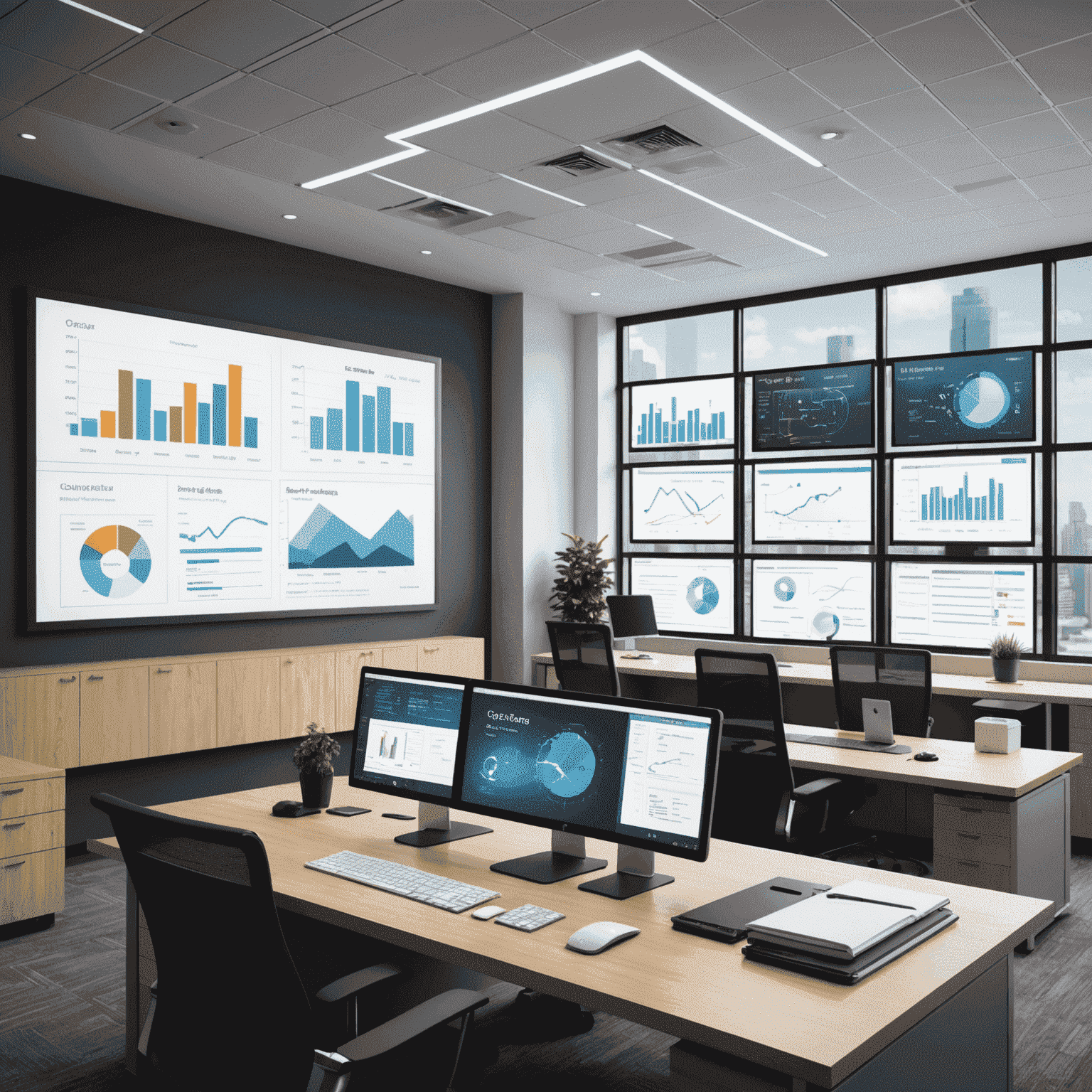 A modern office setting with advanced IT infrastructure. Displays show various software interfaces, cloud computing diagrams, and data visualization tools, illustrating comprehensive IT solutions for creative businesses.